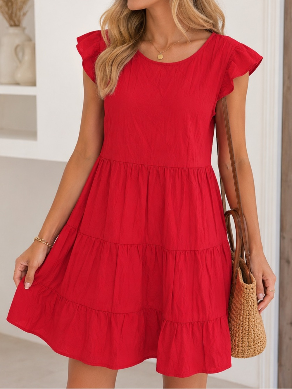 NWT Women’s Red Tiered Ruffle Sleeve Midi Dress